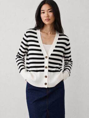 NWT T Tahari Striped V Neck Cardigan S Black White Button Front Preppy Sweater